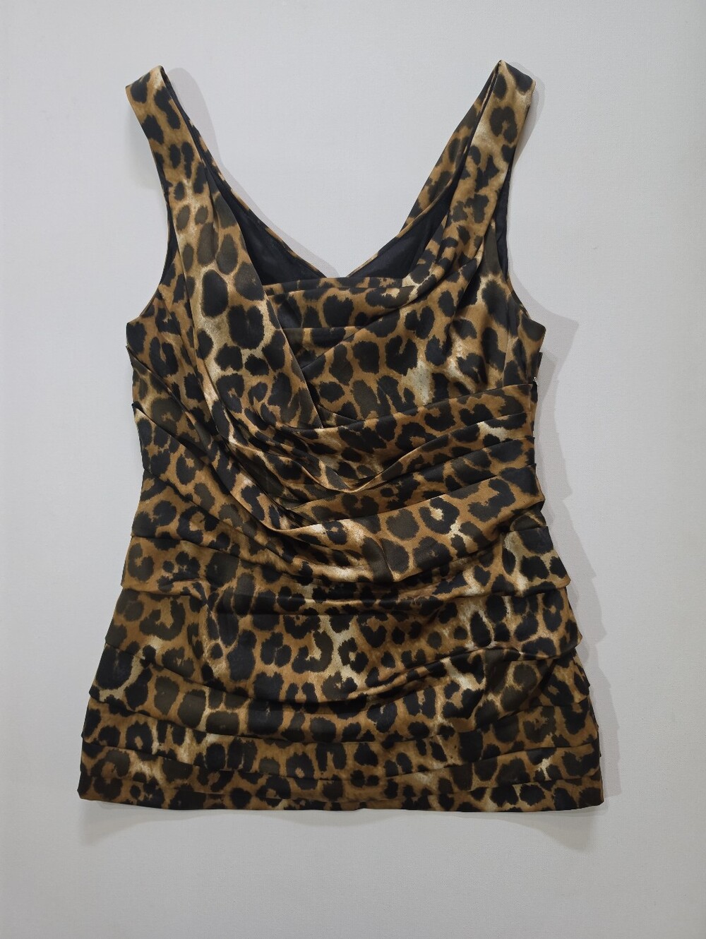 Express Sleeveless Cheetah Print Blouse Womens Sz Medium Tan Black Drape Front - Picture 5 of 6